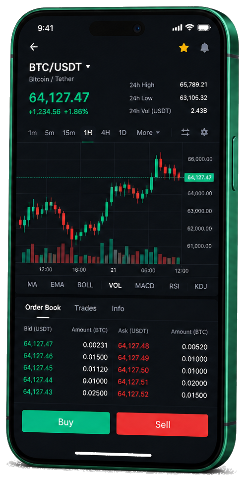 Interface mobile de trading Rentaclaire — cours BTC/USDT en direct, carnet d’ordres et outils de suivi des opérations